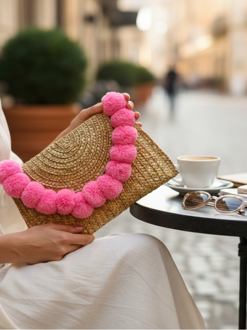Shiraleah Straw Clutch Pink Pom Pom Beach Vacation Bag